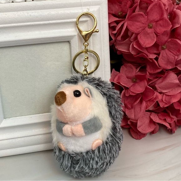 Accessories - Fluffy Gray and White Hedgehog Keychain Charm